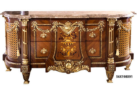 A French Louis XVI style ormolu-mounted veneer inlaid parquetry and marquetry Bahut on the manner of Jean-Henri Riesener model, 19th century